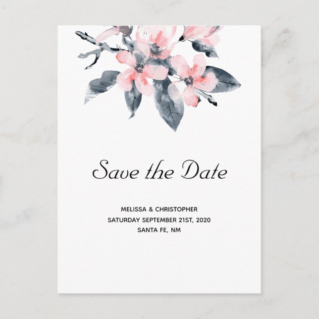 Postal De Invitación Flores rosas y grises acuarela Guardar la fecha (Anverso)