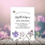 Postal De Invitación Flores silvestres de cumpleaños abejas rosadas vio<br><div class="desc">Un fondo blanco. Decorado con abejas y flores silvestres pintadas en violeta y rosa. Personalice y agregue un nombre y detalles del fiesta.</div>