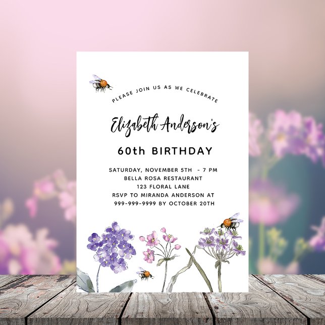 Postal De Invitación Flores silvestres de cumpleaños abejas rosadas vio (Subido por el creador)