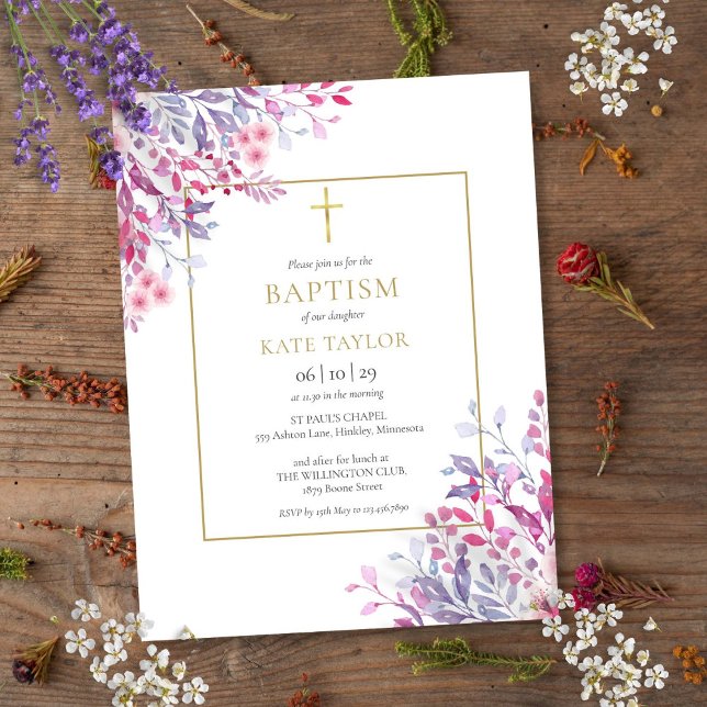 Postal De Invitación Flores silvestres Floral Gold Baptism Christening (Wildflowers Floral Gold Baptism Christening Invitation Postcard)