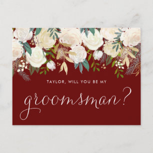 Postal De Invitación Flores suaves de marfil rojo ¿Serás mi padrino?