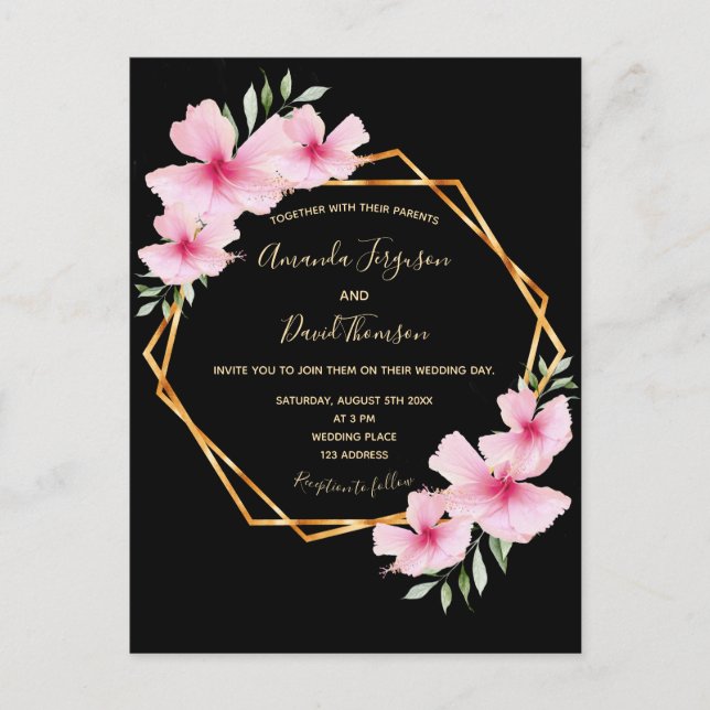Postal De Invitación Flores tropicales boda geométrico de oro negro (Anverso)