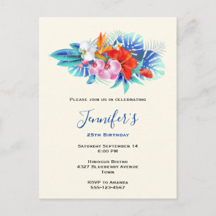 Postal De Invitación Flores tropicales exóticas - Cumpleaños Rosa y Aqu