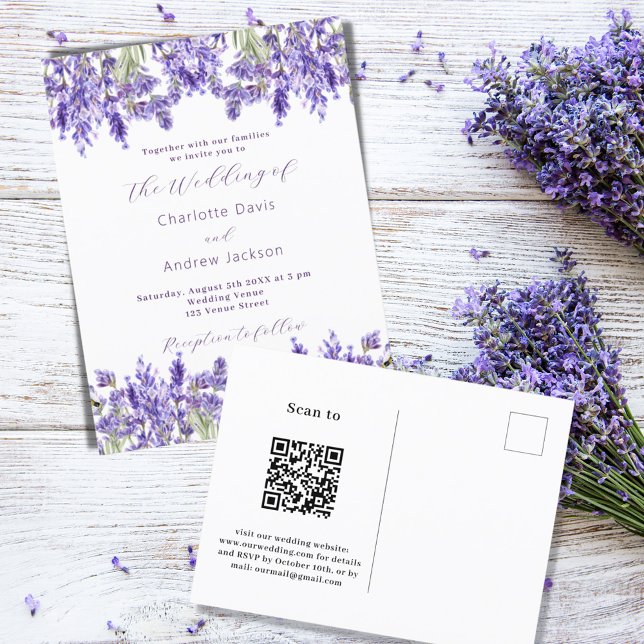 Postal De Invitación Flores violetas de lavanda QR RSVP detalles boda (Subido por el creador)
