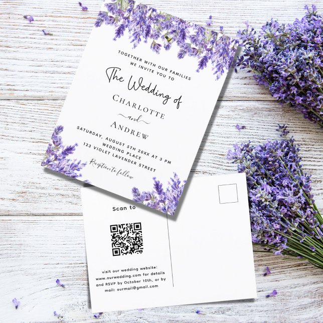 Postal De Invitación Flores violetas de lavanda QR RSVP detalles boda (Subido por el creador)