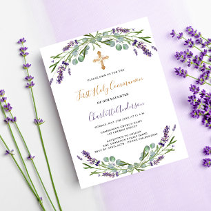 Postal De Invitación Flores violetas de Lavender Primera Comunión
