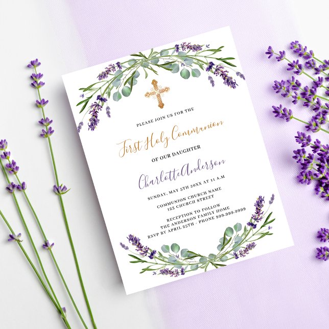 Postal De Invitación Flores violetas de Lavender Primera Comunión (Subido por el creador)