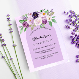 Postal De Invitación Flores violetas púrpura verde arco de cumpleaños