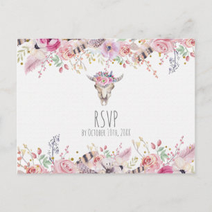 Postal De Invitación Flores y cráneo de vaca rústico boho chic RSVP