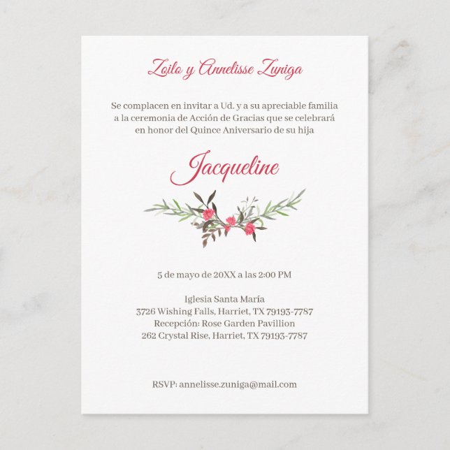 Postal De Invitación Flores y Ramas Rojas para Quinceañera (Anverso)