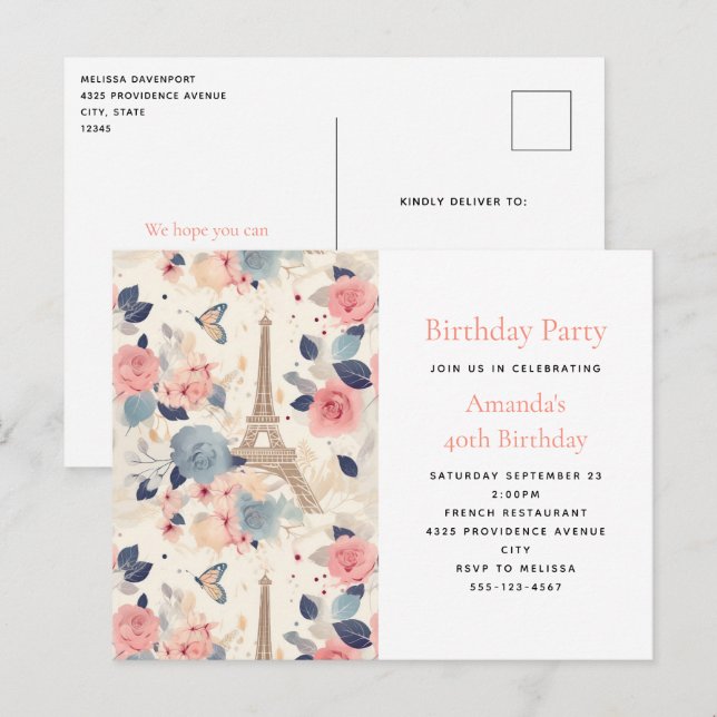 Postal De Invitación Flores y Torre Eiffel (Anverso / Reverso)