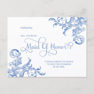 Postal De Invitación Floritura Azul Real ¿Serás Mi Dama De Honor