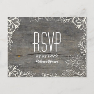 Postal De Invitación flourils swirls lace wood country boda RSVP