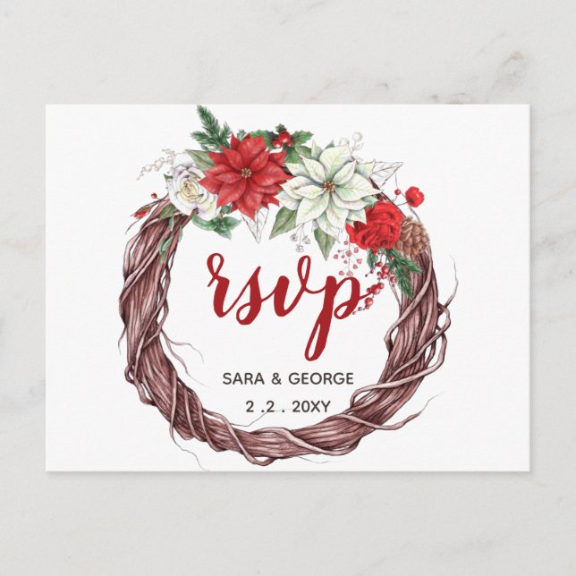 Postal De Invitación Foliage de invierno de Poinsettia Rustica Pine con (Anverso)