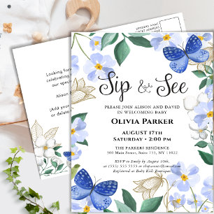Postal De Invitación Foliage floral de mariposa azul niño SIP y VER