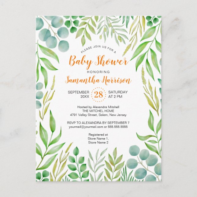 Postal De Invitación Foliage Foliage Fall Botanical Baby Shower (Anverso)
