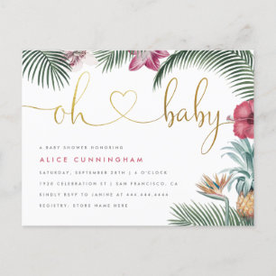 Postal De Invitación Foliage tropical Oh Baby Gold Script Baby Shower
