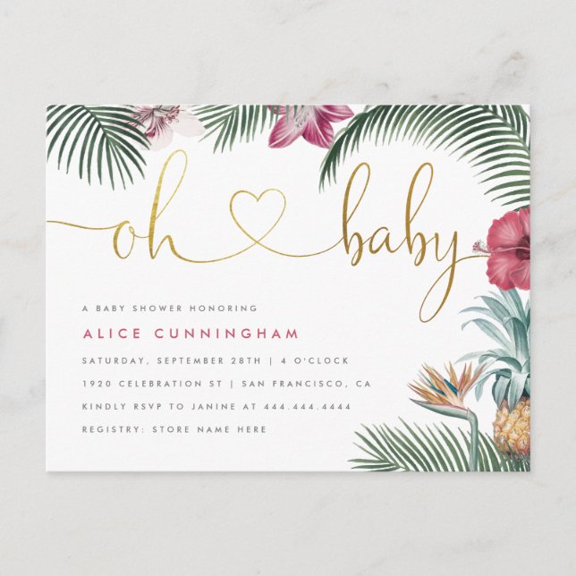 Postal De Invitación Foliage tropical Oh Baby Gold Script Baby Shower (Anverso)