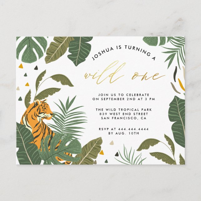 Postal De Invitación Foliage Tropical Tiger Wild de Oro un cumpleaños (Anverso)