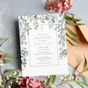 Postal De Invitación Follaje Floral Cruz Dorada Bautizo