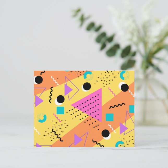 Postal De Invitación Formas Retro Estilo Memphis Naranja Rosa 80s (Anverso de pie)