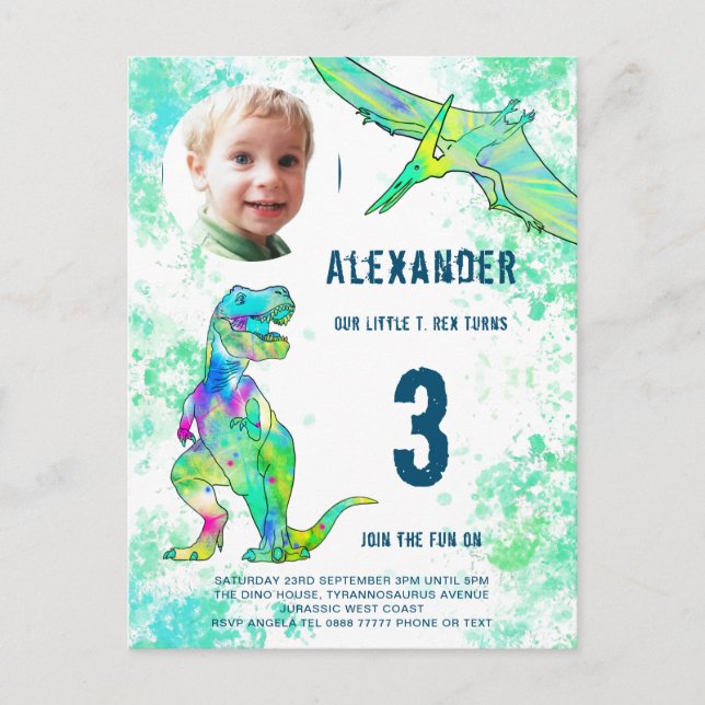 Postal De Invitación Foto acuarela de la fiesta de cumpleaños de Dinosa (Anverso)