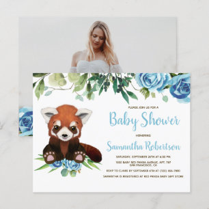 Postal De Invitación Foto de Baby Shower de Cute Bear Blue Flowers Boy