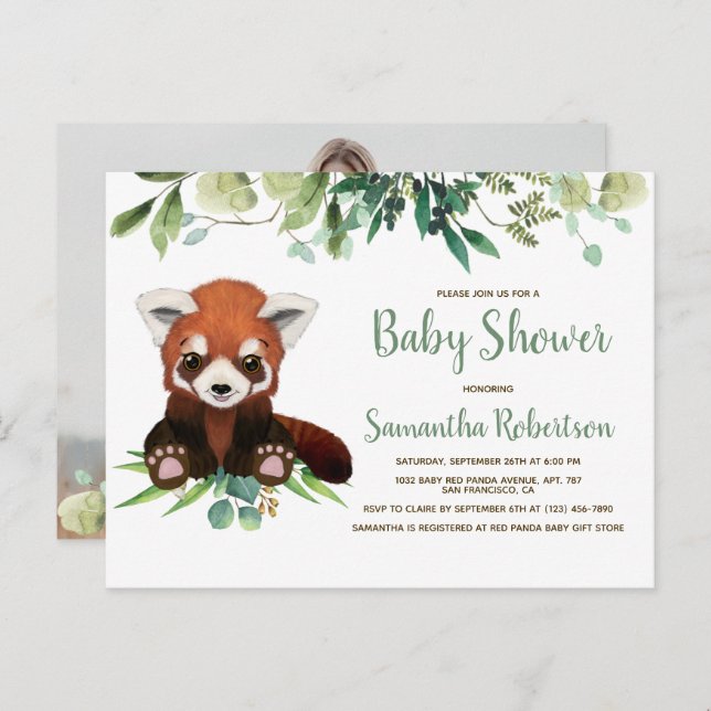 Postal De Invitación Foto de Baby Shower de Watercolor Cute Bear Green (Anverso / Reverso)