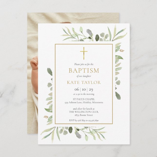 Postal De Invitación Foto de la cristiandad del bautismo de verdor (Anverso / Reverso)