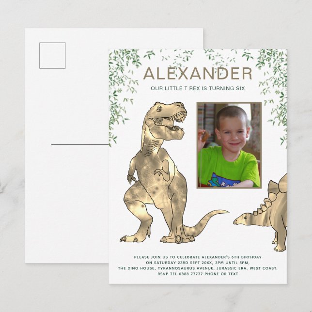 Postal De Invitación Foto de la fiesta de cumpleaños de Dinosaur (Anverso / Reverso)