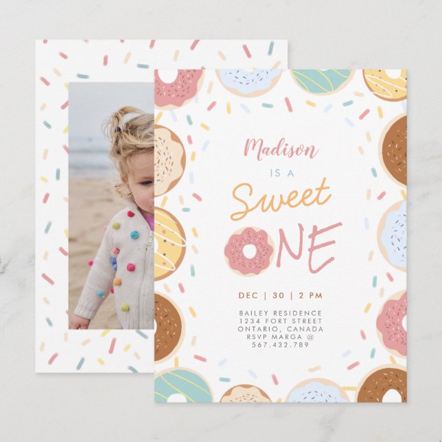 Postal De Invitación Foto de Pastel Moderno, Cute, Primer Cumpleaños (Anverso / Reverso)