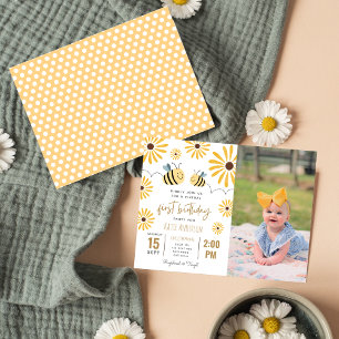 Postal De Invitación Foto de primer cumpleaños virtual de girasol amari