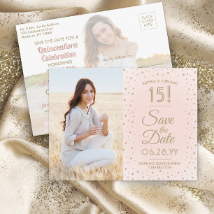 Postal De Invitación Foto de Quinceañera Save the Date Pink Gold Purpur