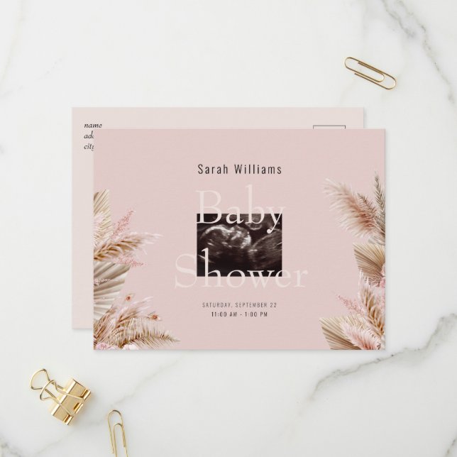 Postal De Invitación Foto de ultrasonido Baby Shower Pampas Rosa (Anverso/Reverso In Situ)