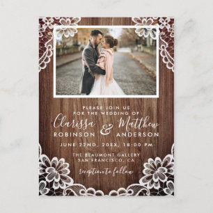 Postal De Invitación Foto de un Boda de madera rústica y encaje clásico