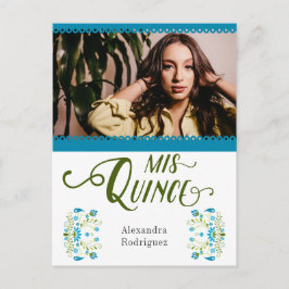 Postal De Invitación Foto floral azul tradicional mexicana Quinceanera