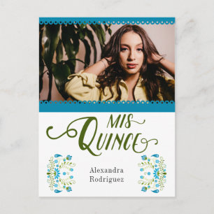 Postal De Invitación Foto floral azul tradicional mexicana Quinceanera
