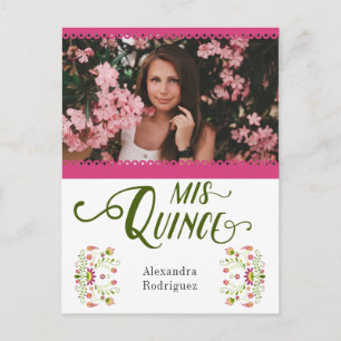 Postal De Invitación Foto floral tradicional mexicana rosa Quinceanera