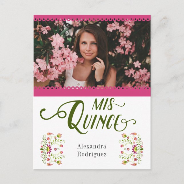 Postal De Invitación Foto floral tradicional mexicana rosa Quinceanera (Anverso)