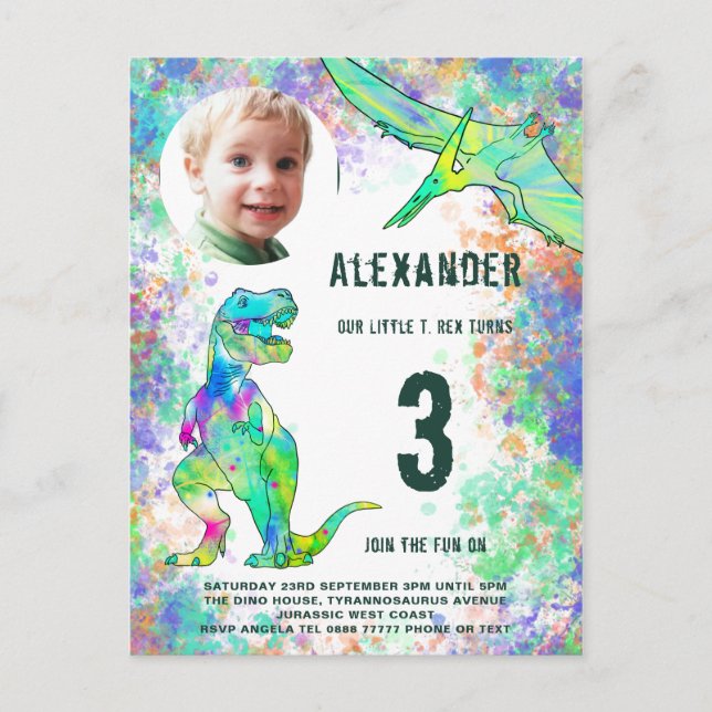 Postal De Invitación Foto moderna de la fiesta de cumpleaños de Dinosau (Anverso)