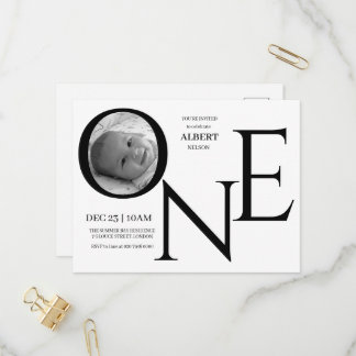 Postal De Invitación Foto personalizable del primer cumpleaños UNO