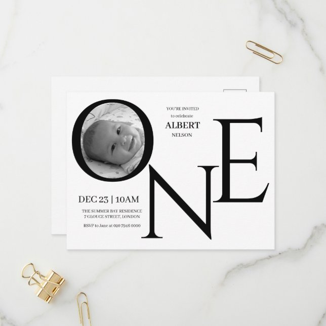 Postal De Invitación Foto personalizable del primer cumpleaños UNO (Anverso/Reverso In Situ)
