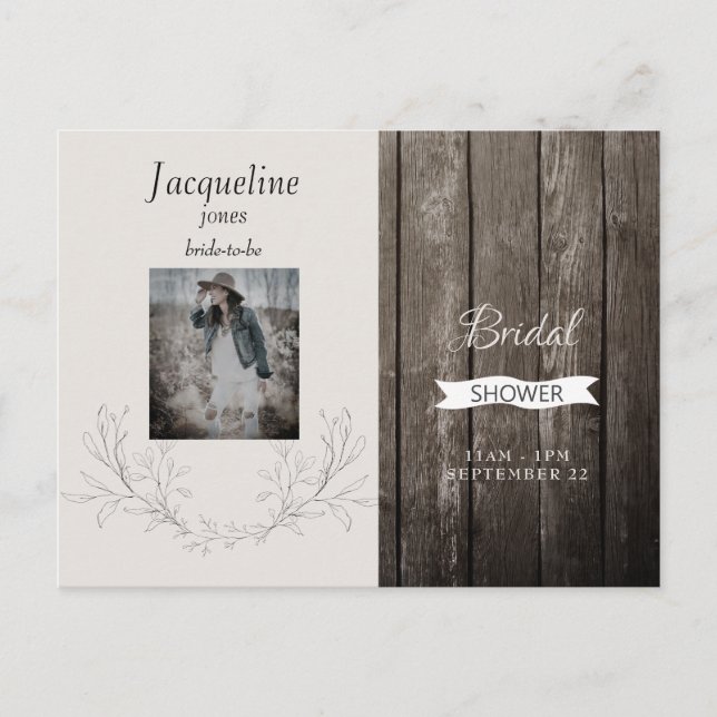 Postal De Invitación Foto Rustic Wood - Ducha nudista nupcial (Anverso)
