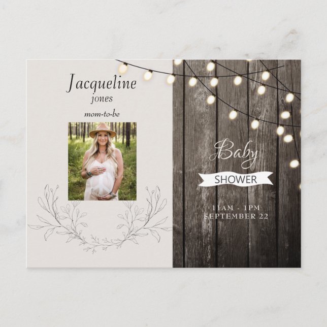 Postal De Invitación Foto Rustic Wood Neutral Lights Baby Shower (Anverso)