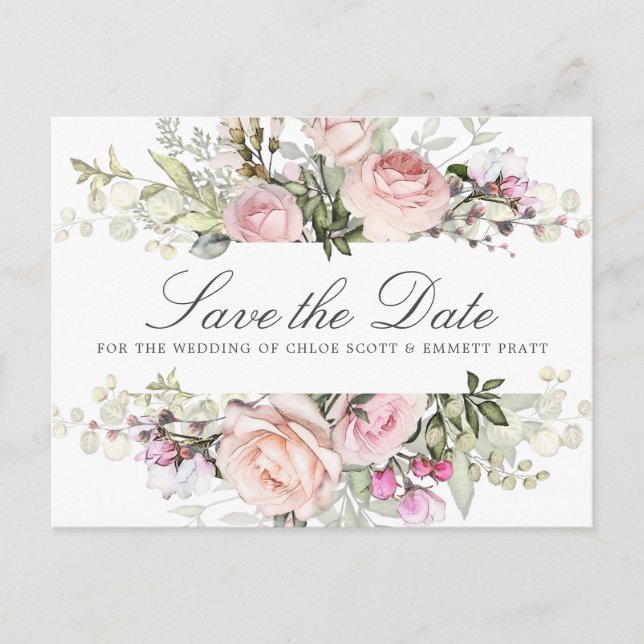 Postal De Invitación Fotografía de Boda Floral Rosa Guardar la fecha (Anverso)