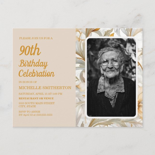 Postal De Invitación Fotografía de cumpleaños número 90 de mujer floral (Anverso)