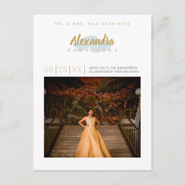 Postal De Invitación Fotografía de Día Lluvioso Azul y Oro Quinceanera (Anverso)