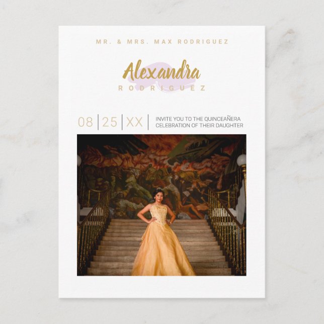 Postal De Invitación Fotografía púrpura pálida y dorada Quinceanera (Anverso)