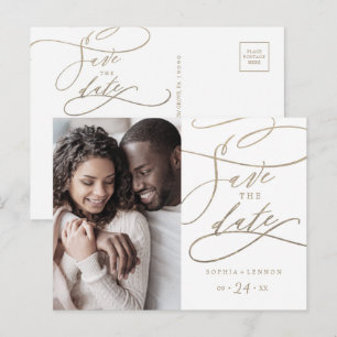Postal De Invitación Fotografía romántica de caligrafía dorada Save the