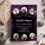 Postal De Invitación Fotos amigos de Birday Black Purple sparkles<br><div class="desc">Invitación a la fiesta de cumpleaños 21 (o a cualquier edad) de niñas y mujeres. Delante: Un fondo negro de moda. Decorada con polvo purpurina de imitación morado oscuro. Personalice y agregue un nombre, detalles del fiesta y 6 fotos. El nombre está escrito con un guión de estilo con letras...</div>